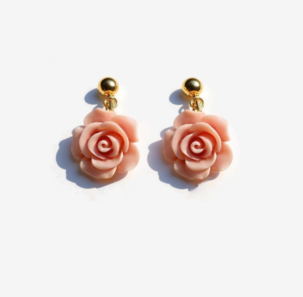 Powder Pink Flowers Gold Drop Earrings