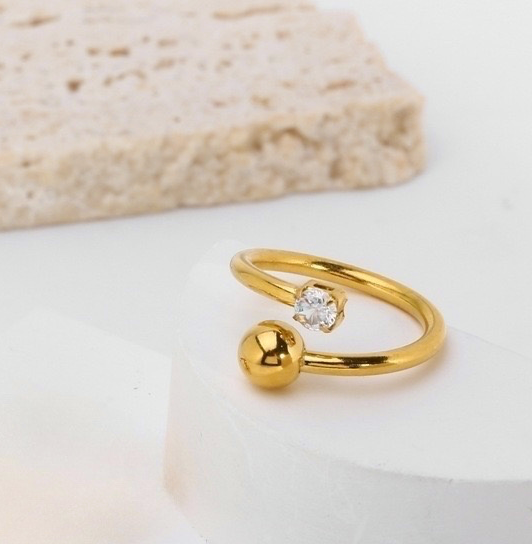 Gold Ball and Stone Stainless Steel Ring