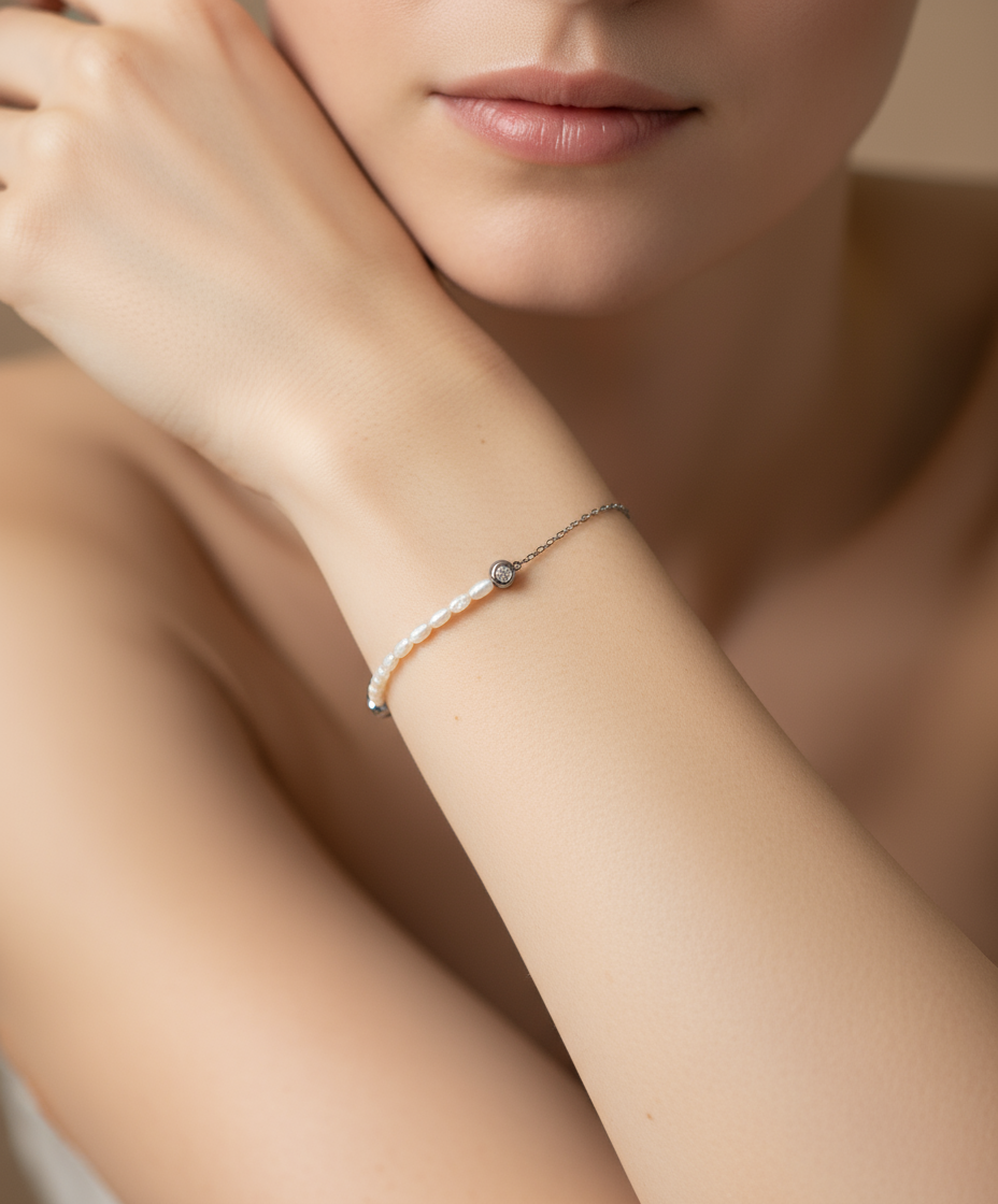 Rice Pearls with Stainless Steel Chain Bracelet