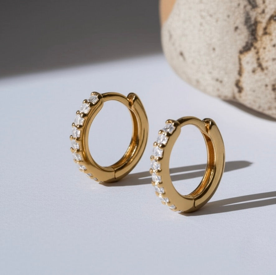 Pave Gold Plated Sterling Silver Hoop Earrings- Small