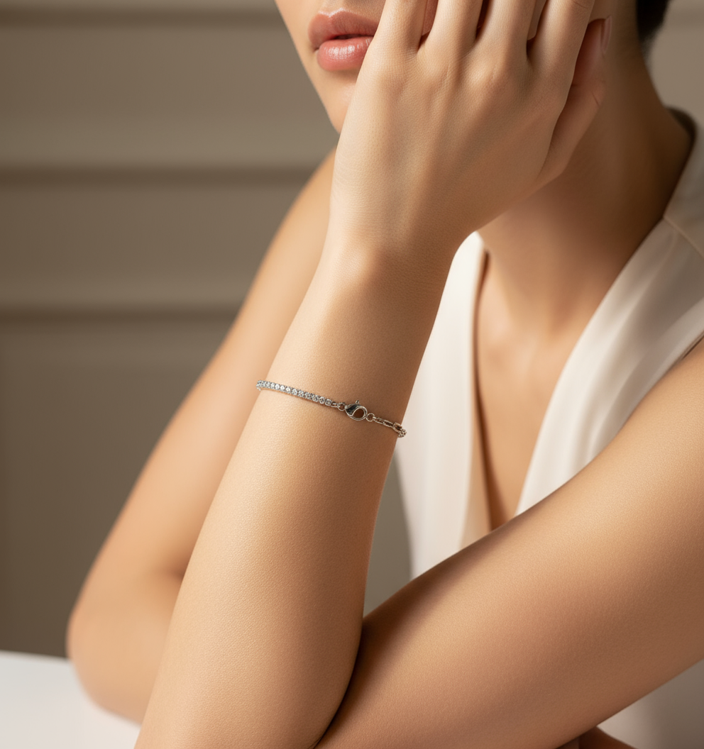 Tennis Bracelet with Paperclip Chain in Silver