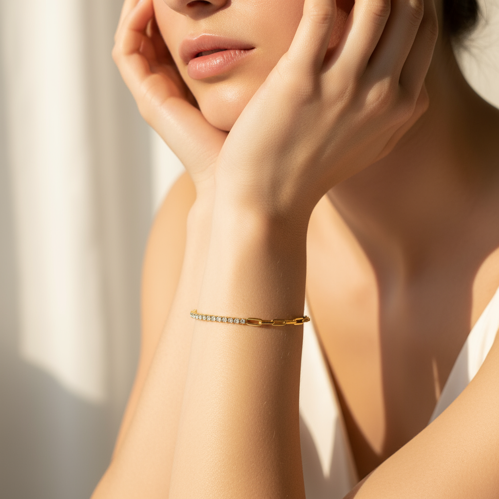 Tennis Bracelet with Paperclip Chain in Gold