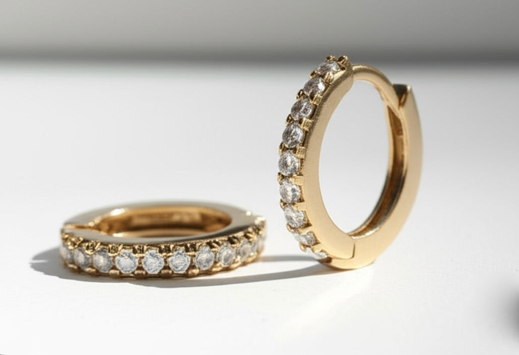 Pave Gold Plated Sterling Silver Hoop Earrings- Small