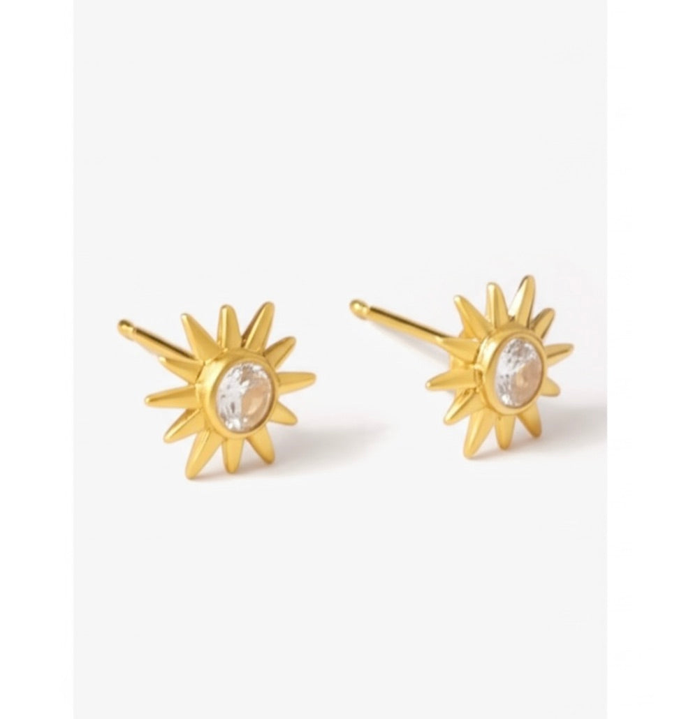 Sun Shaped Gold Plated Silver Stud Earrings