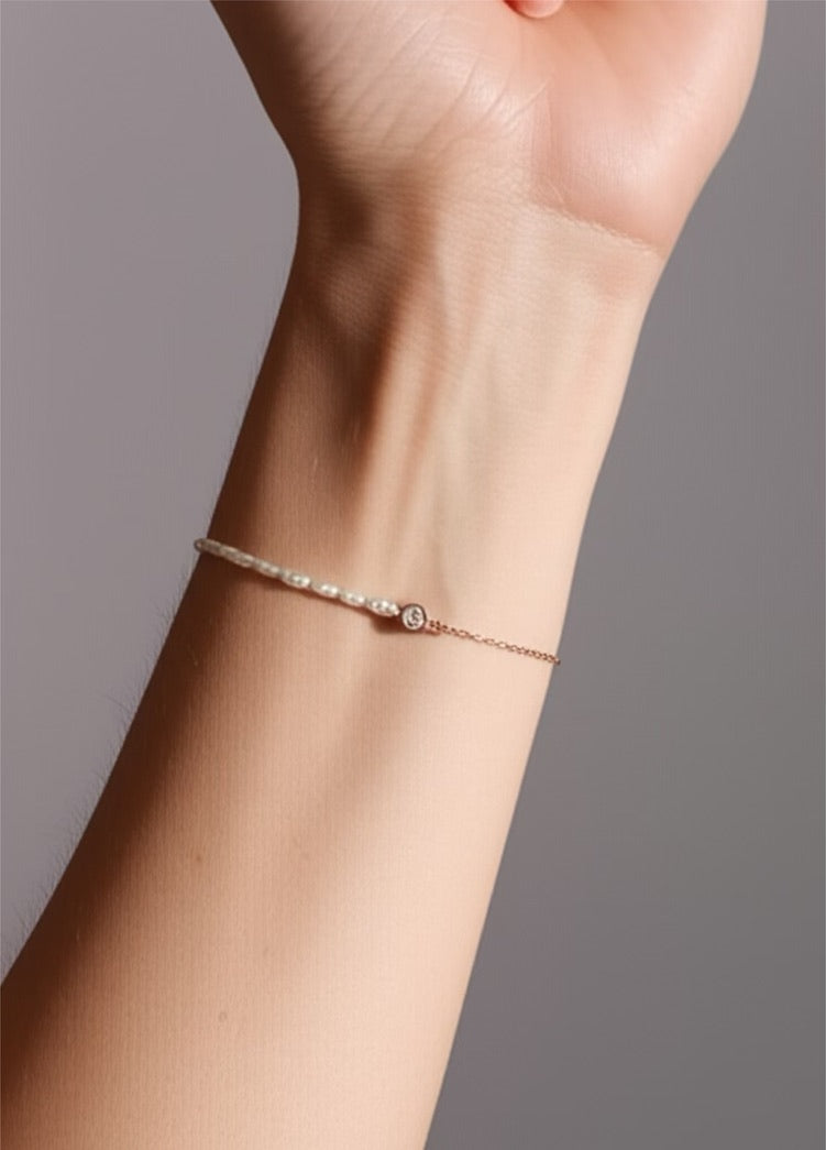 Rose Gold Zirconia Freshwater Pearl Chain Bracelet