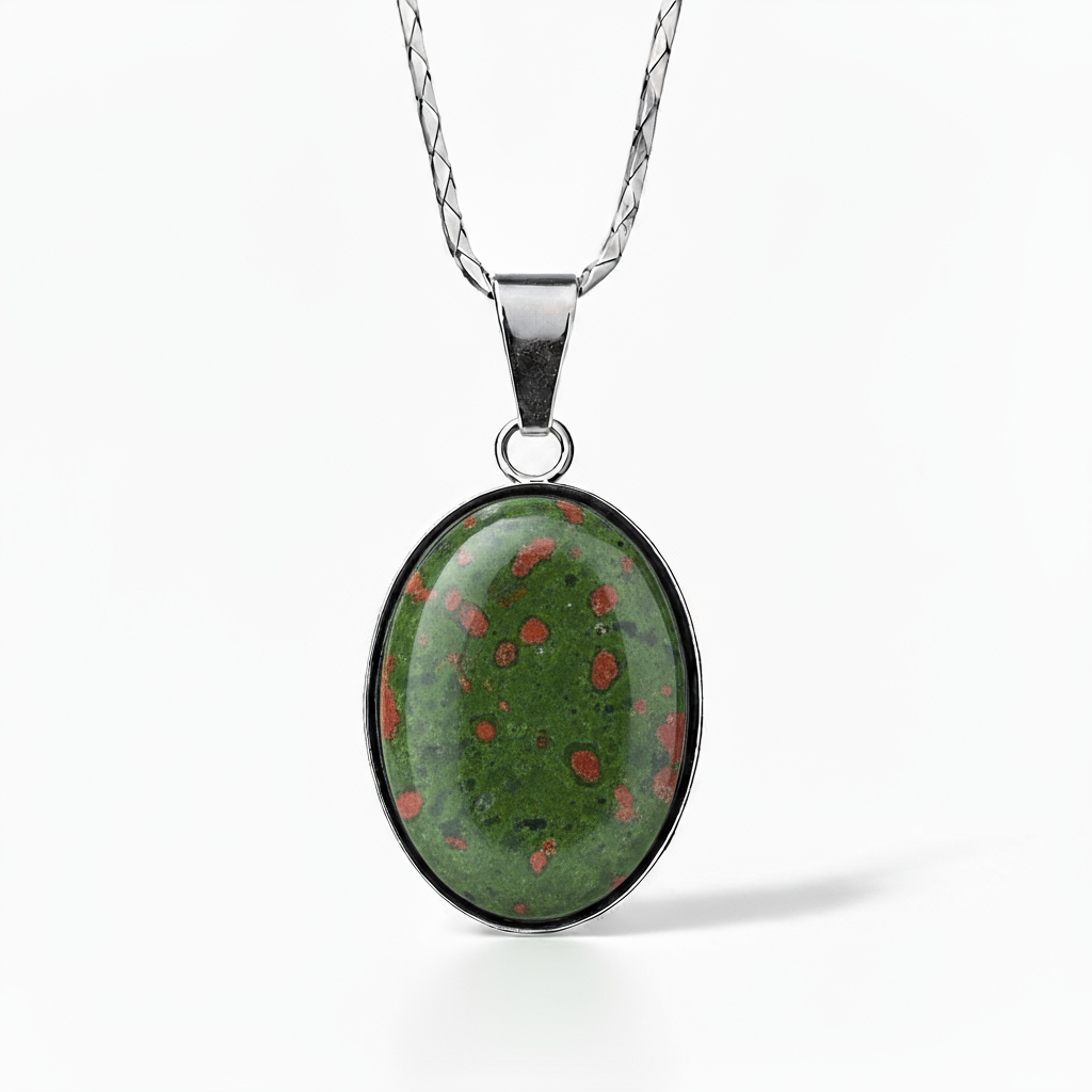 Natural Unakite Stone Stainless Steel Pendant Necklace