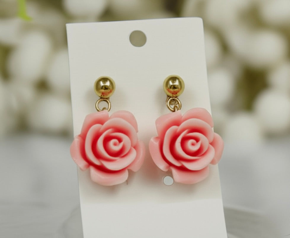 Powder Pink Flowers Gold Drop Earrings