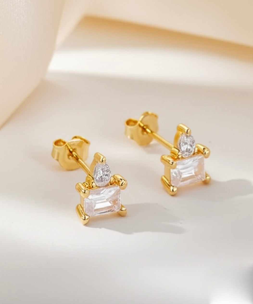 Baguette Cubic Zirconia Gold Plated Stud Earrings