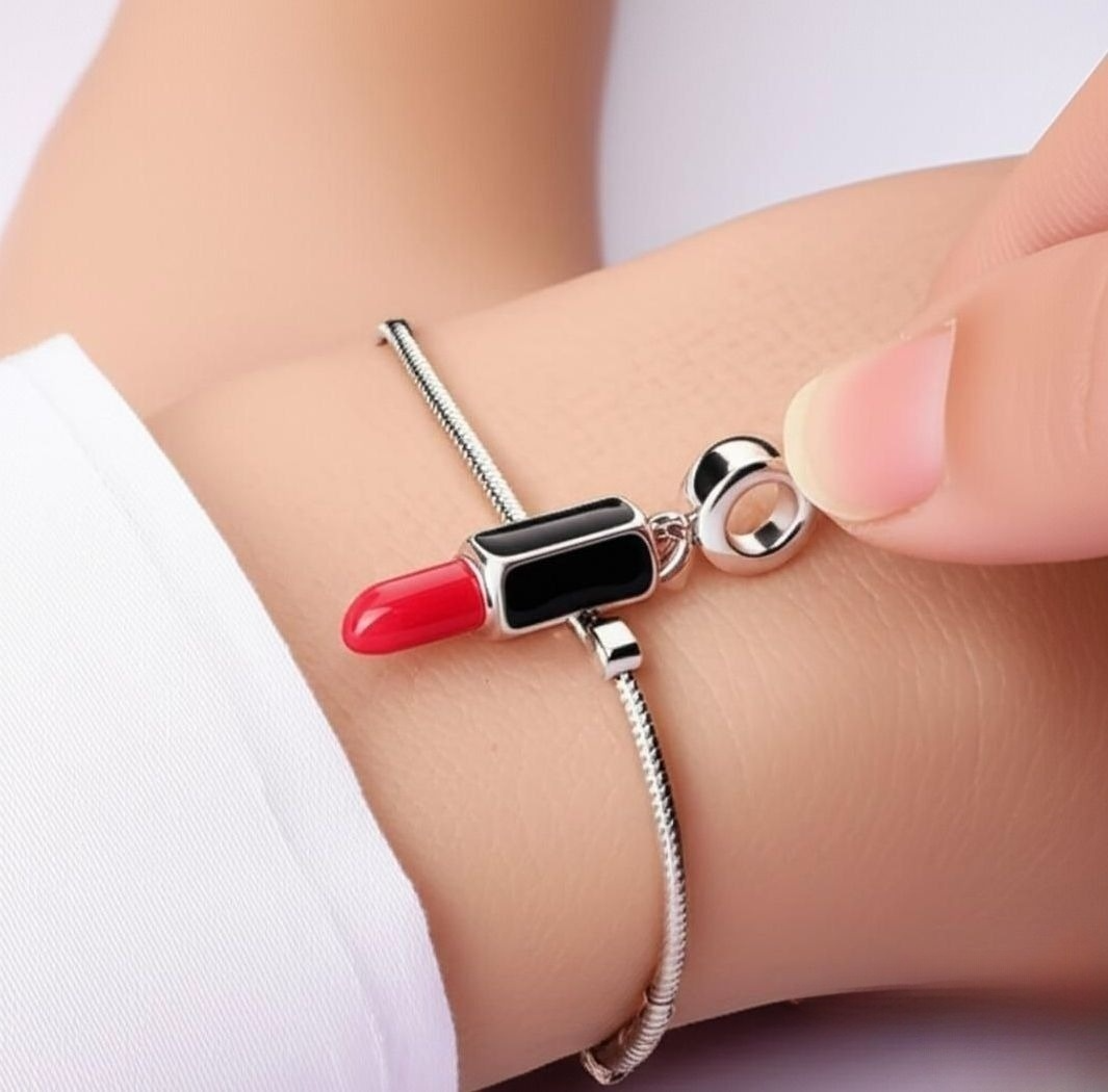 Red Lipstick Silver Bracelet Charm