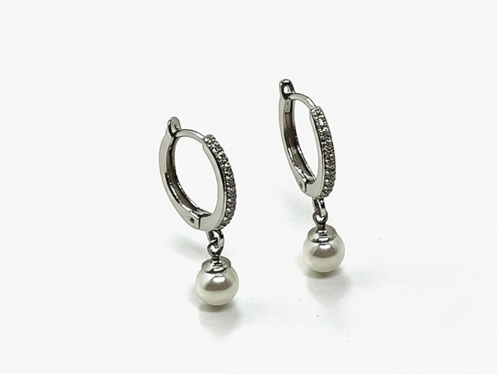 Cubic Zirconia and Pearls Sterling Silver Hoop Earrings