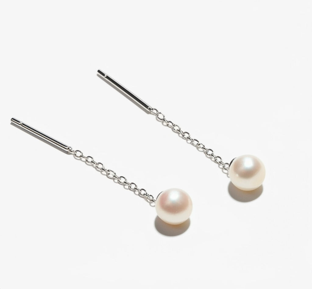 Delicate Silver Tread with Pearls Earrings