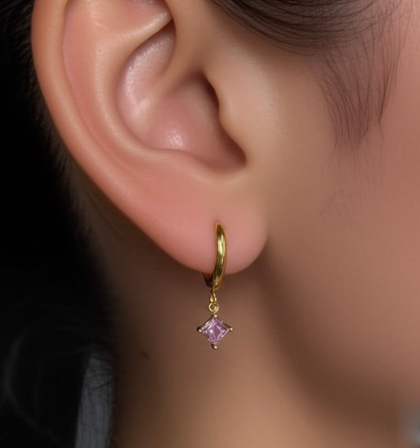Gold Plated Hoop Earrings with Pink Cubic Zirconia