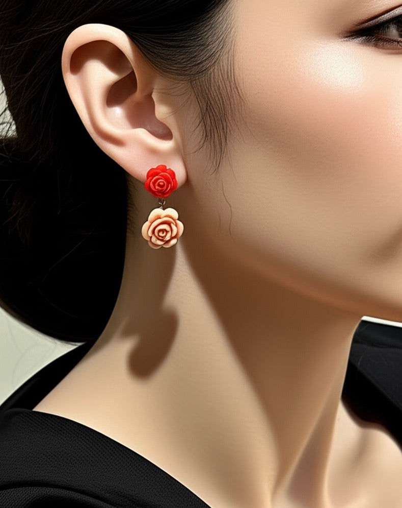 Red and Powder Pink Drop Flower Earrings