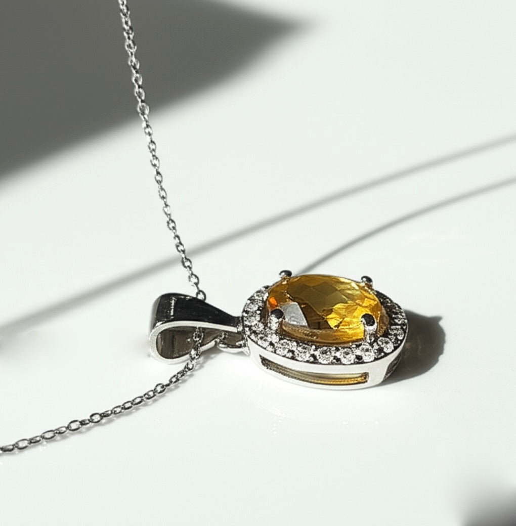 Orange CZ Solitaire Sterling Silver Necklace