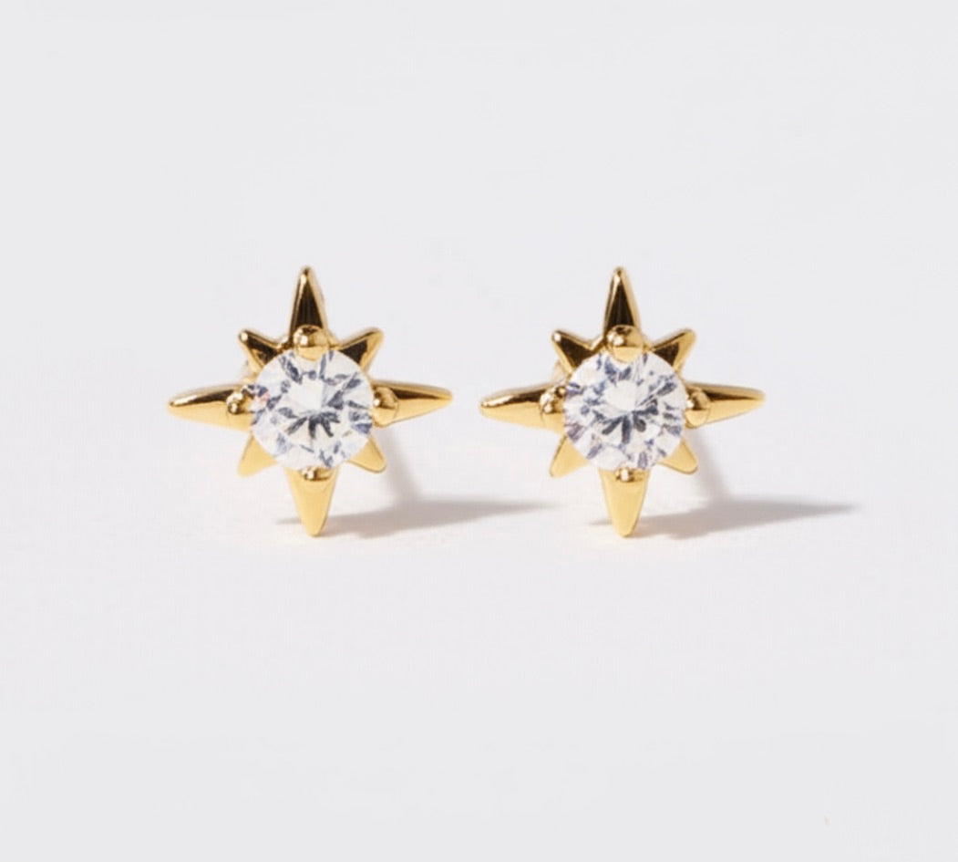 Eight Pointed Star Gold Plated Silver Stud Earrings