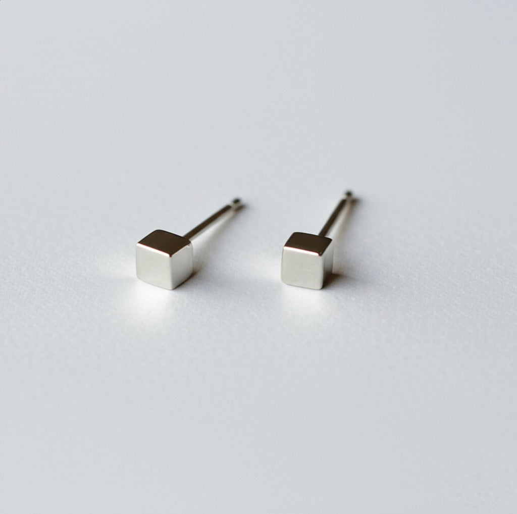 Minimalist Cube Sterling Silver Stud Earrings