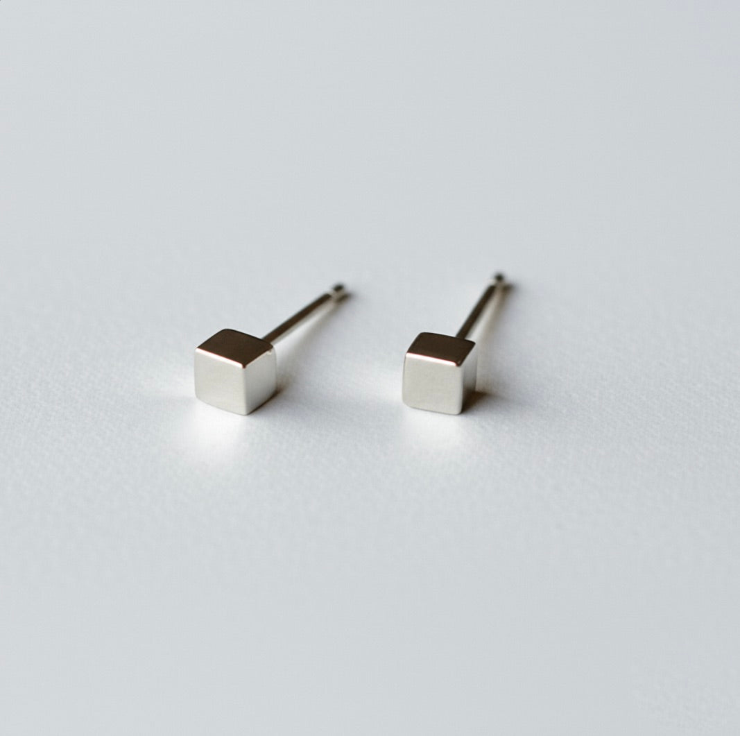 Minimalist Cube Sterling Silver Stud Earrings