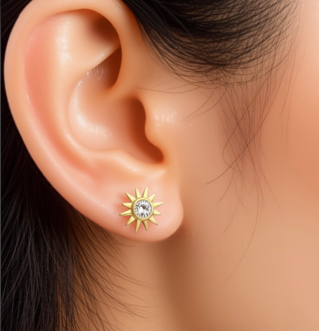 Sun Shaped Gold Plated Silver Stud Earrings
