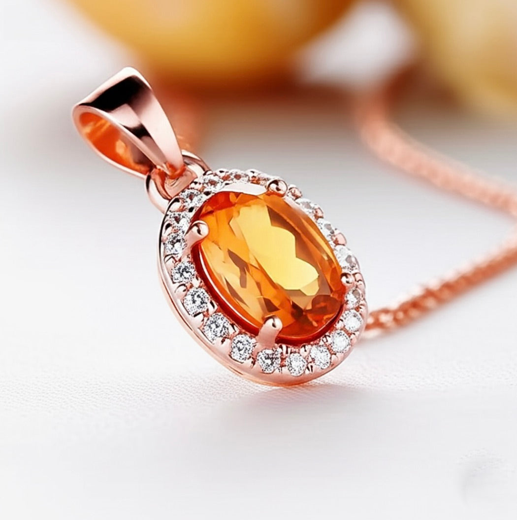 Orange CZ Solitaire Rose Gold Sterling Silver Necklace