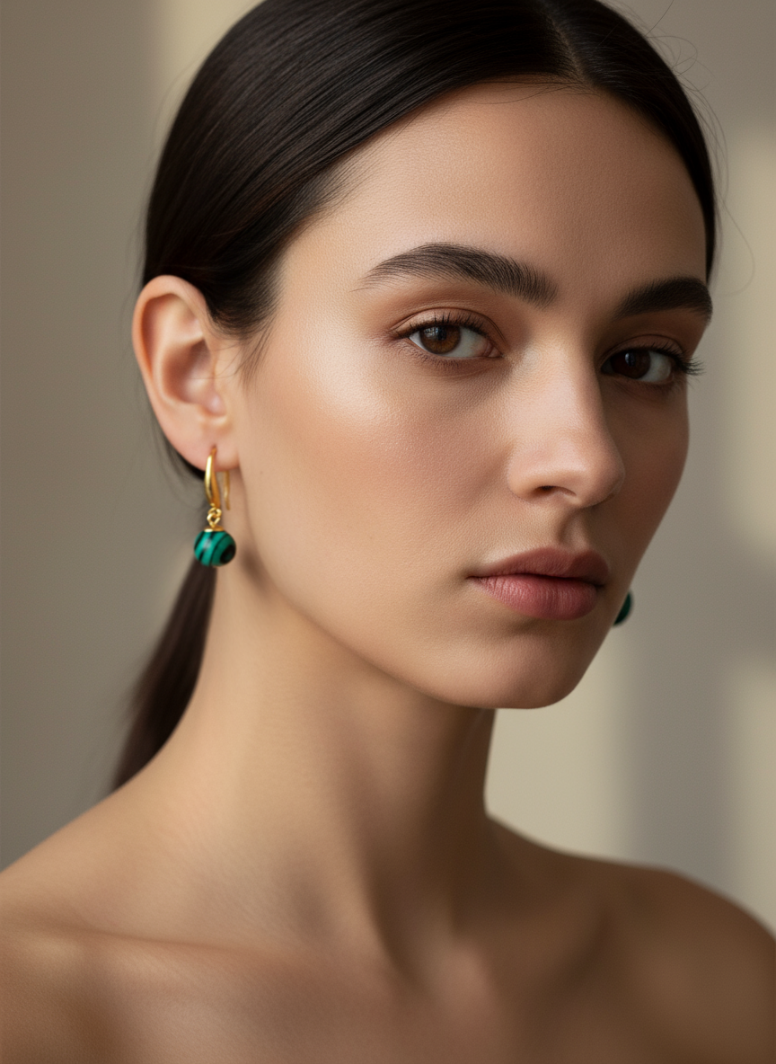 Malachite Beads Gold on Silver Drop Earrings