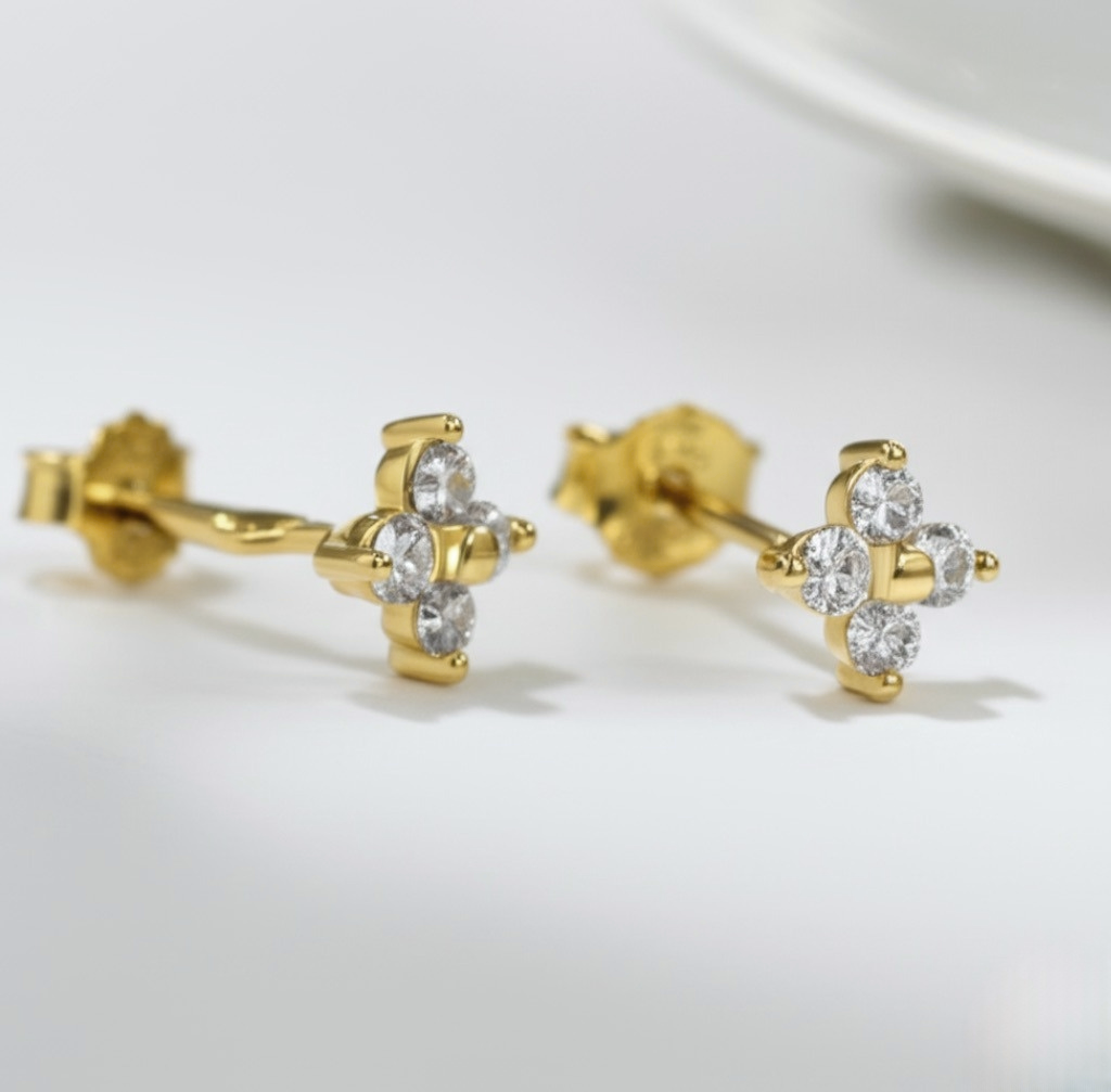 Delicate Clover Cubic Zirconia Gold Plated Studs