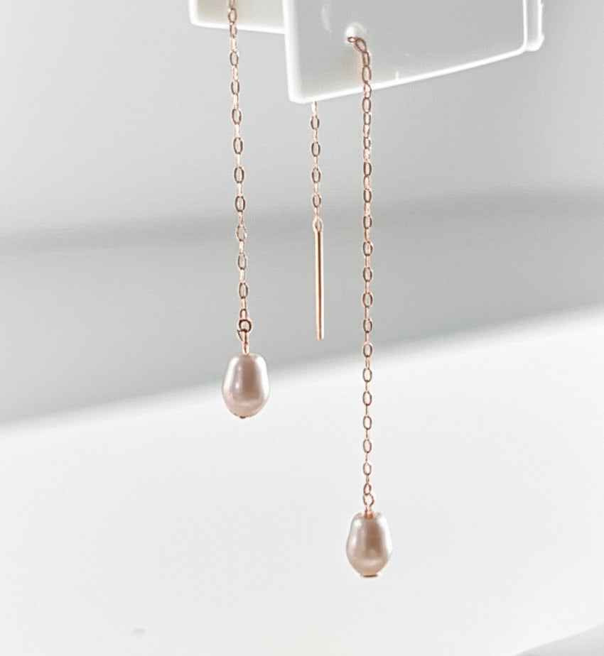 Rose Gold and Pink Pearl Silver Thread Earrings