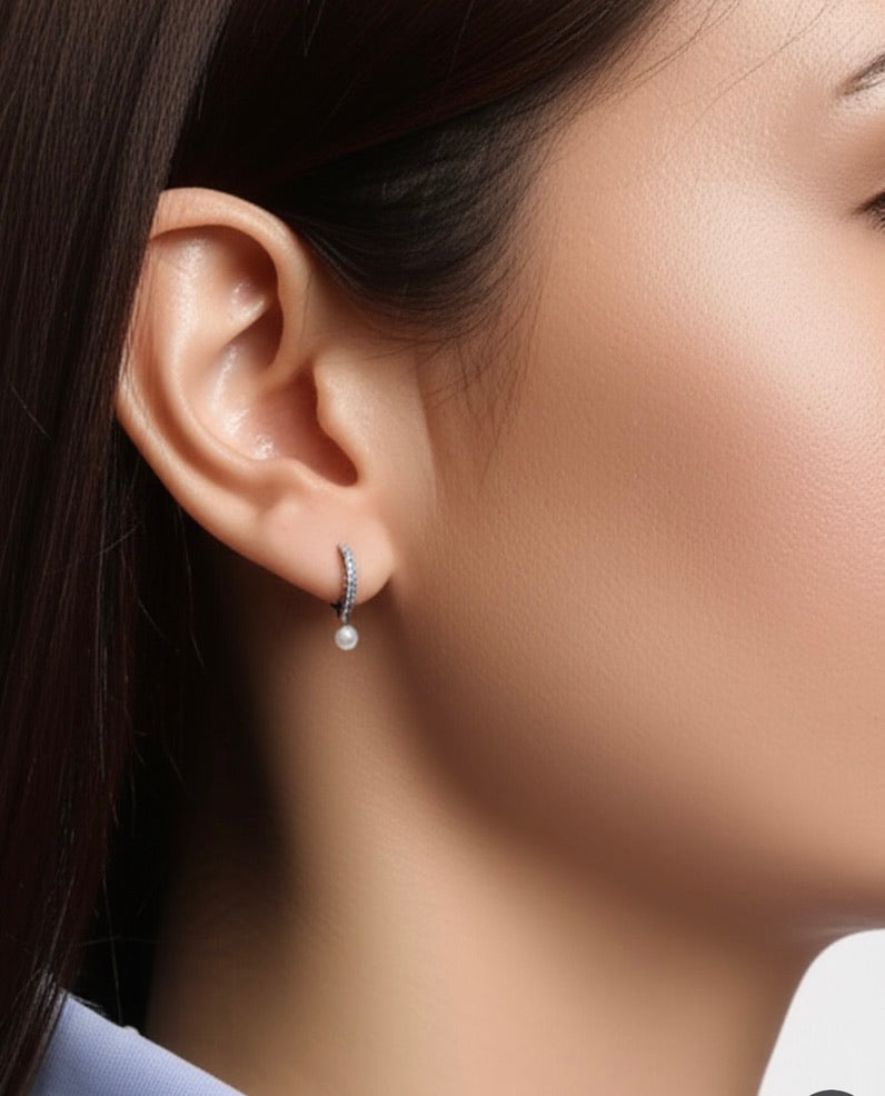 Cubic Zirconia and Pearls Sterling Silver Hoop Earrings