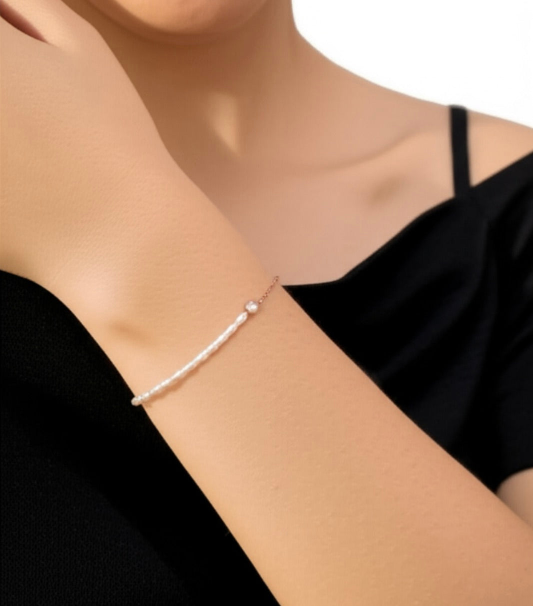 Rose Gold Zirconia Freshwater Pearl Chain Bracelet