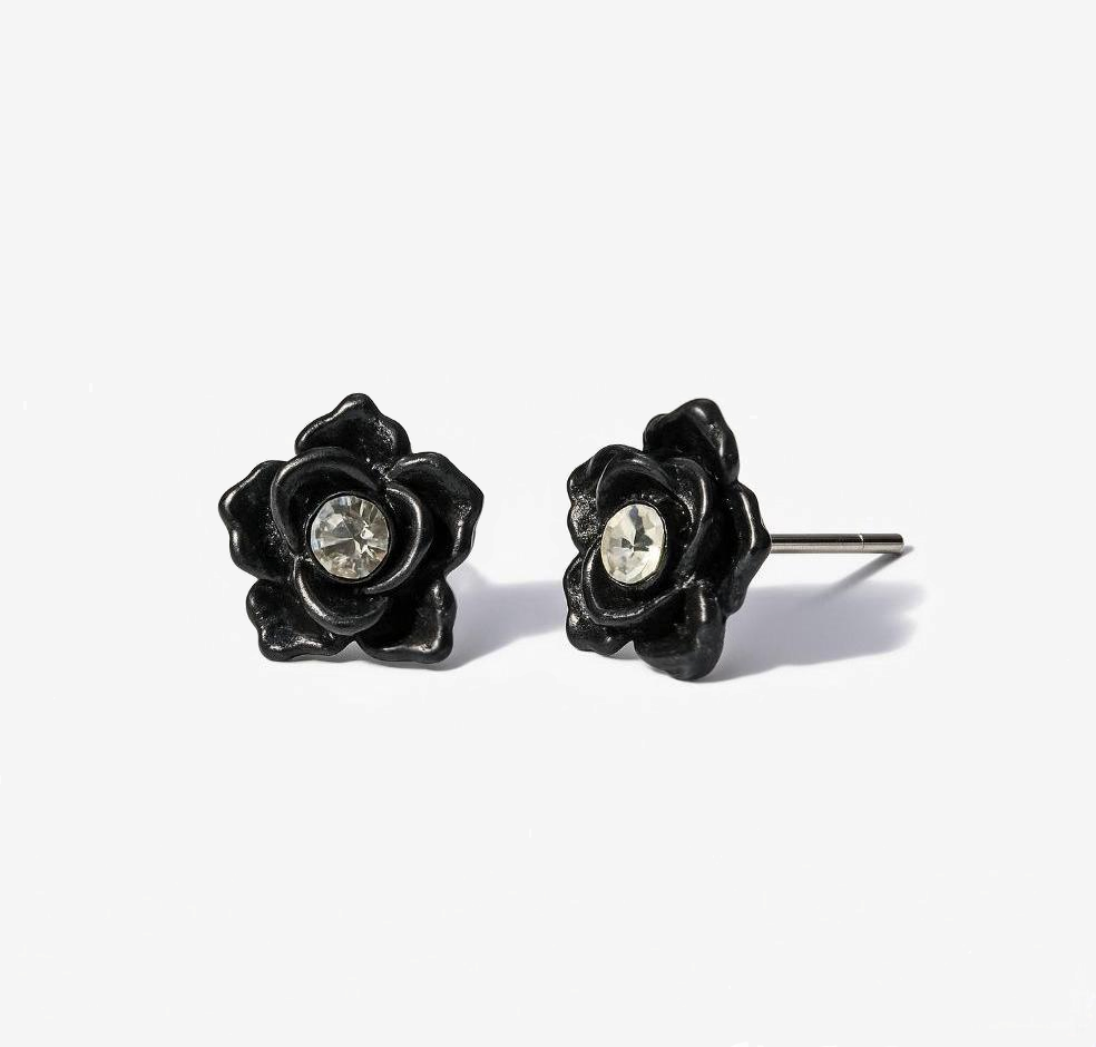 Black Flowers with Crystals Stud Earrings