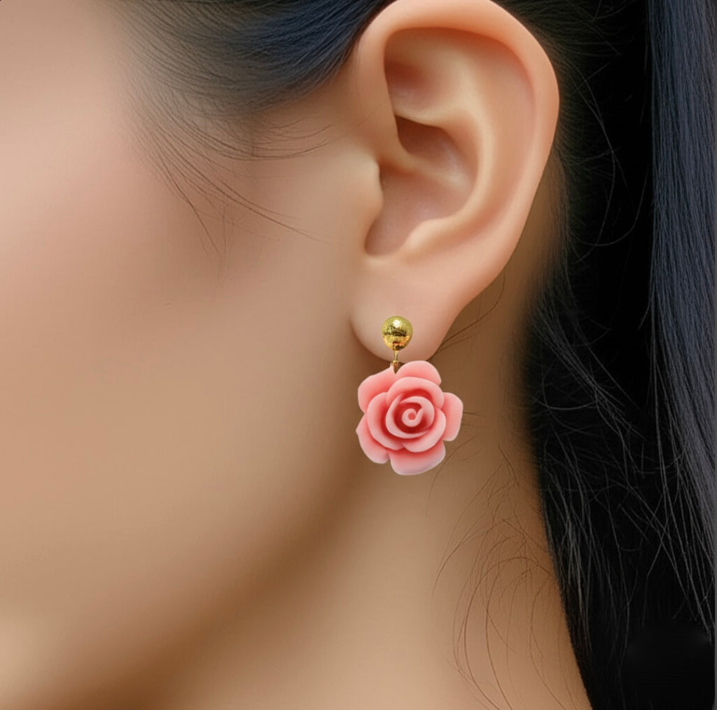 Powder Pink Flowers Gold Drop Earrings
