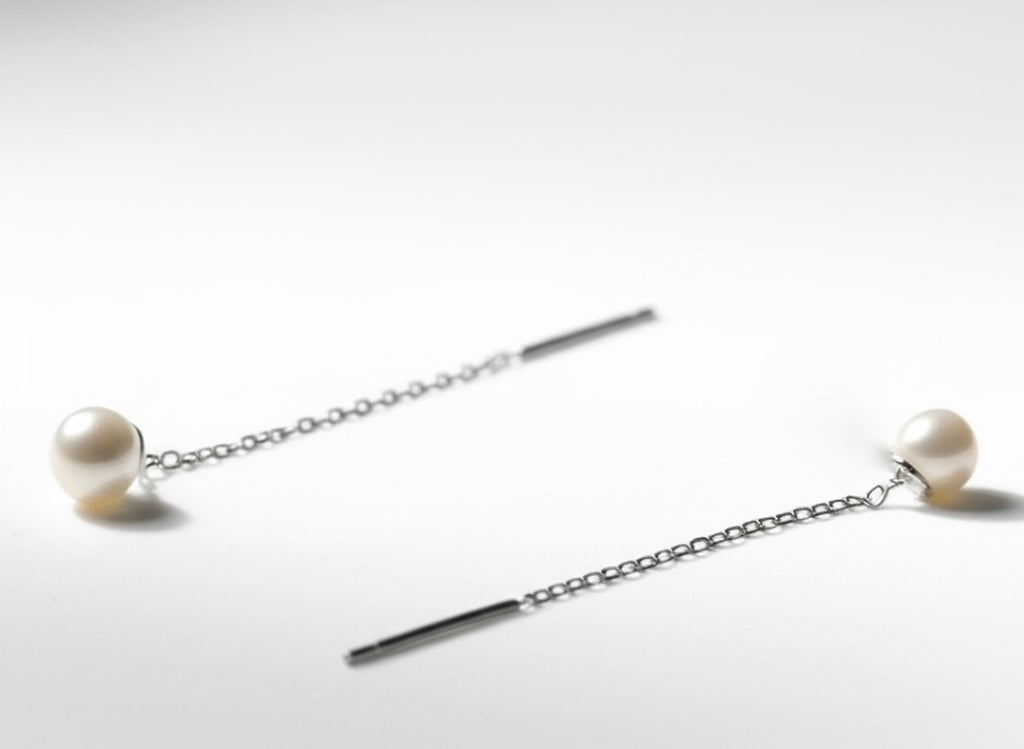 Delicate Silver Tread with Pearls Earrings
