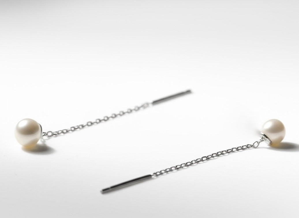 Delicate Silver Tread with Pearls Earrings
