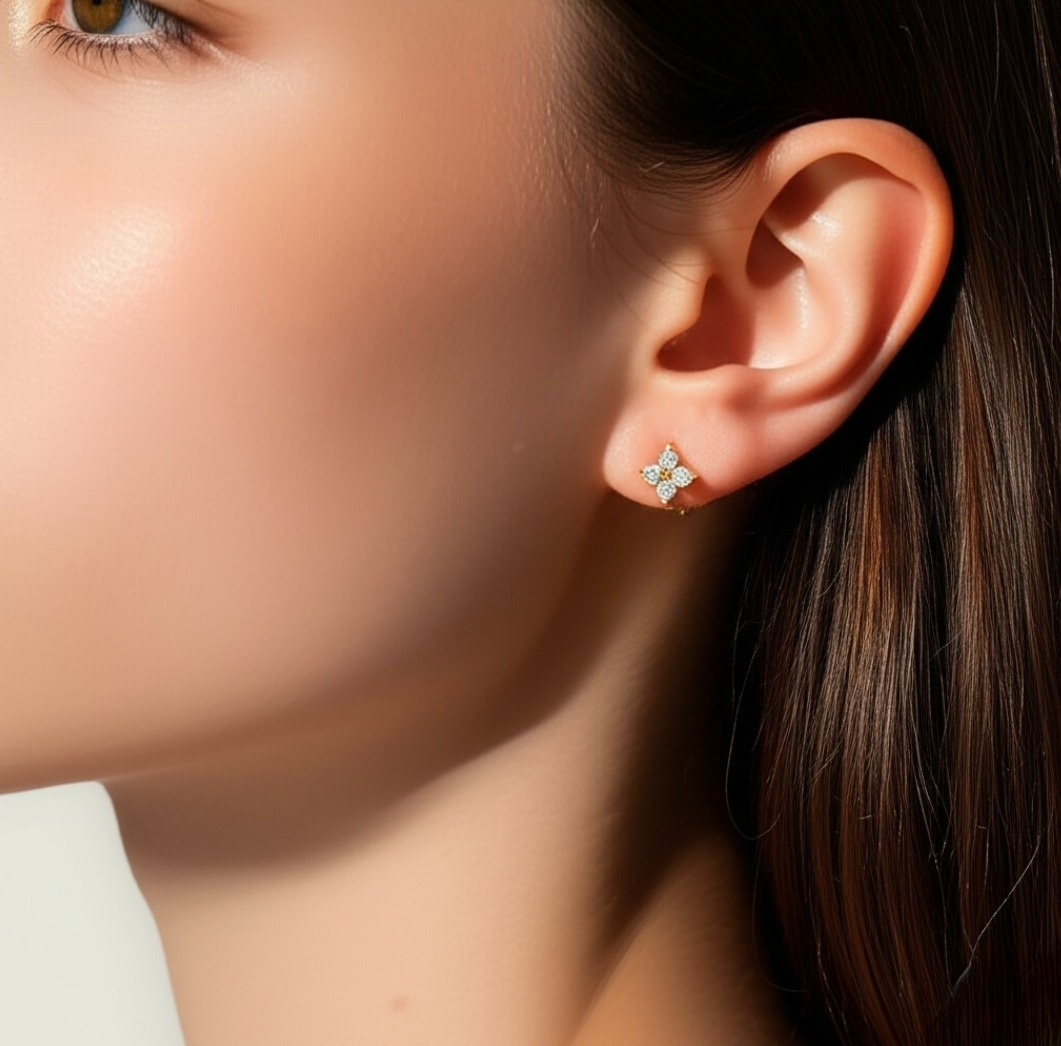 Delicate Clover Cubic Zirconia Gold Plated Studs