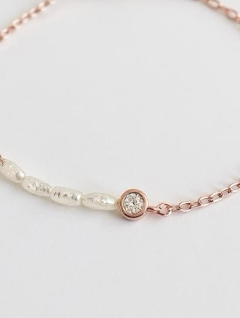 Rose Gold Zirconia Freshwater Pearl Chain Bracelet
