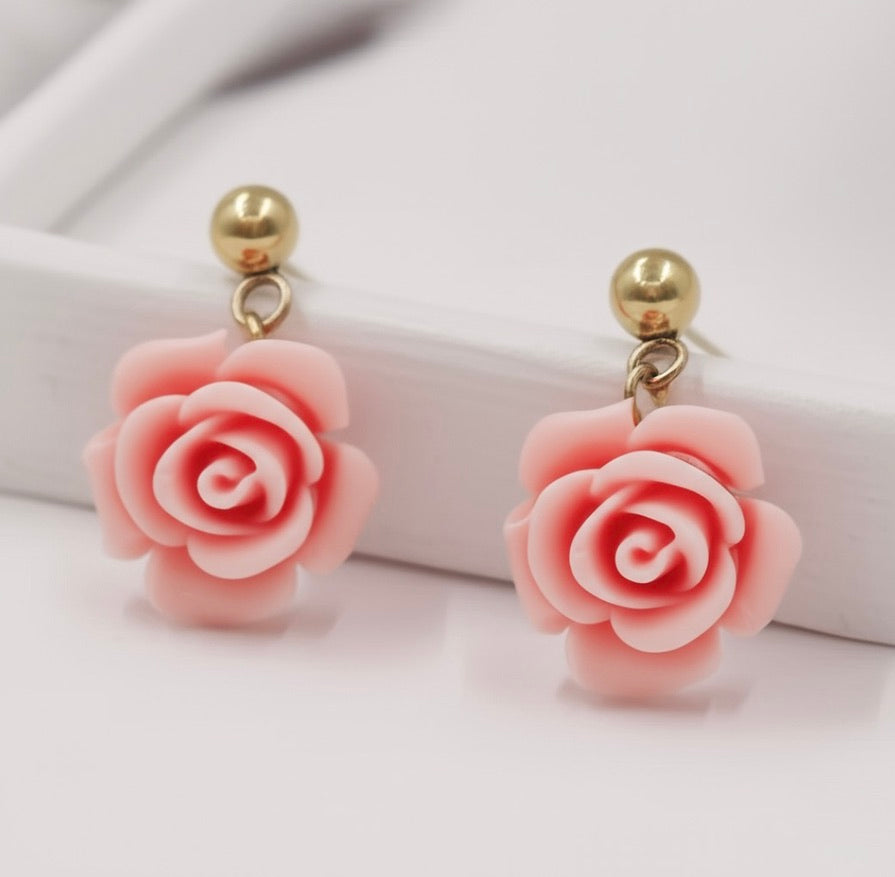 Powder Pink Flowers Gold Drop Earrings