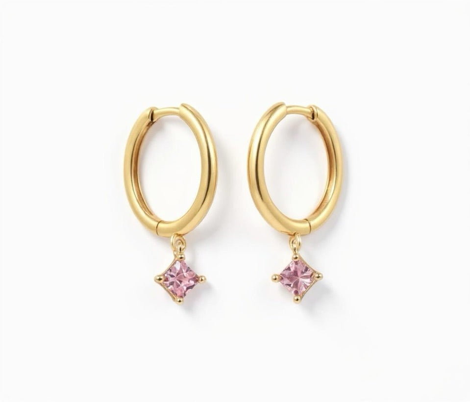 Gold Plated Hoop Earrings with Pink Cubic Zirconia