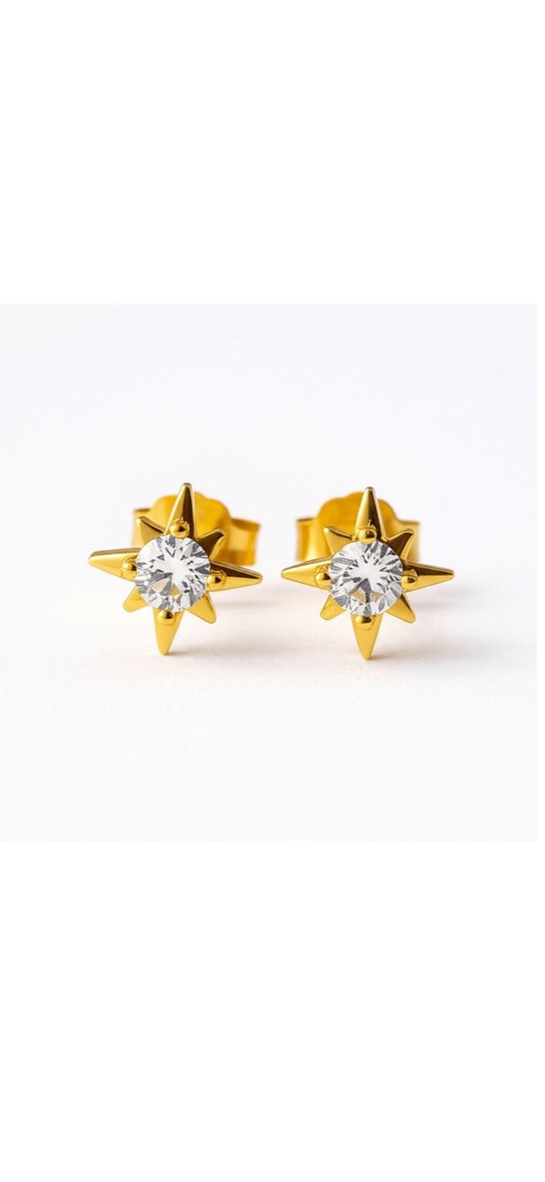 Eight Pointed Star Gold Plated Silver Stud Earrings