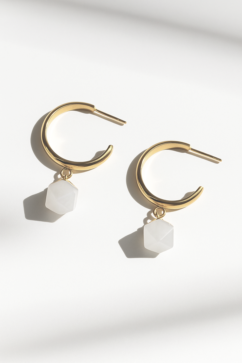 Semi Hoop Earrings with White Nephrite