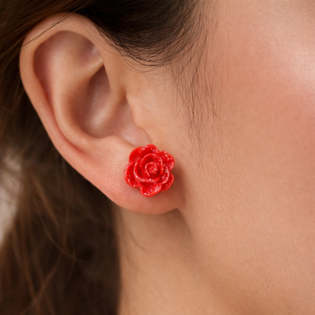 Bright Red Sparkling Flower Stud Earrings