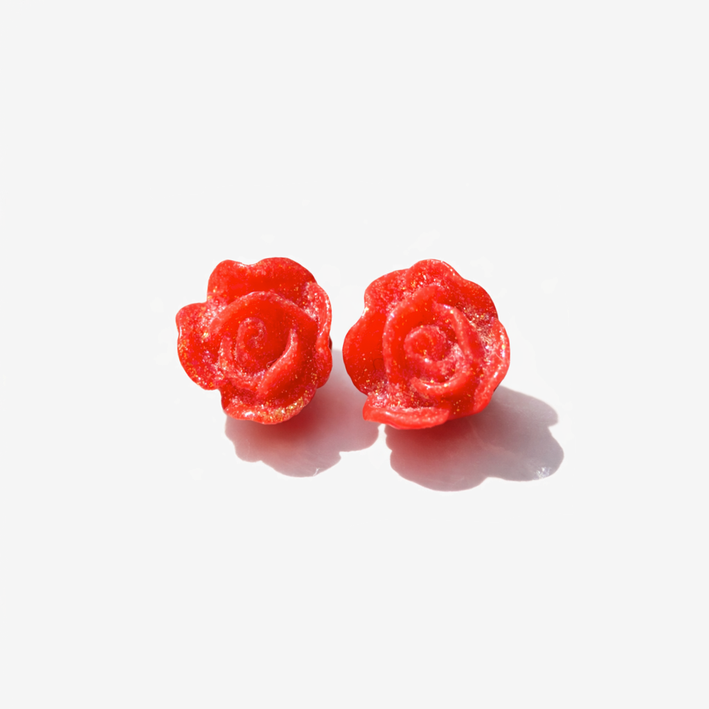 Bright Red Sparkling Flower Stud Earrings