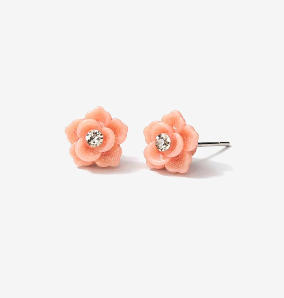 Small Peach Rose Sparkling Flower Stud Earrings