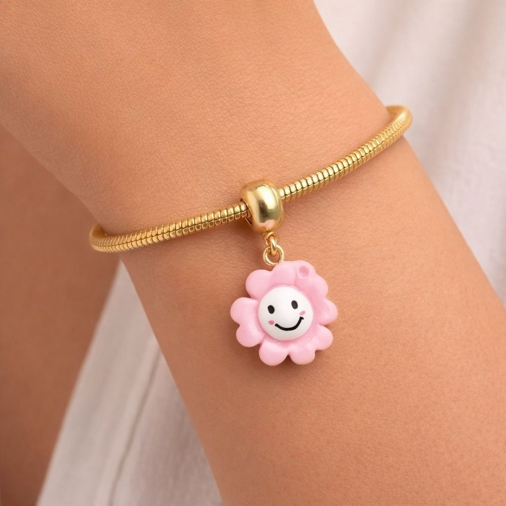Smiley Flower Bracelet Charm in Pink