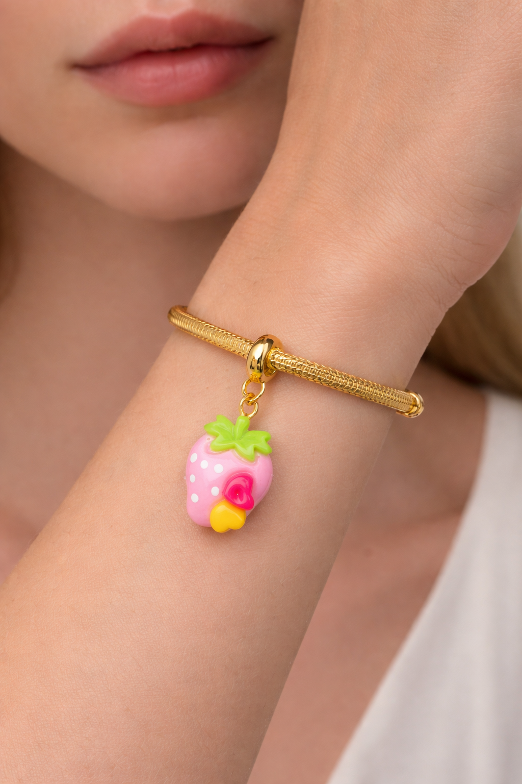 Large Pink Strawberry Bracelet Charm