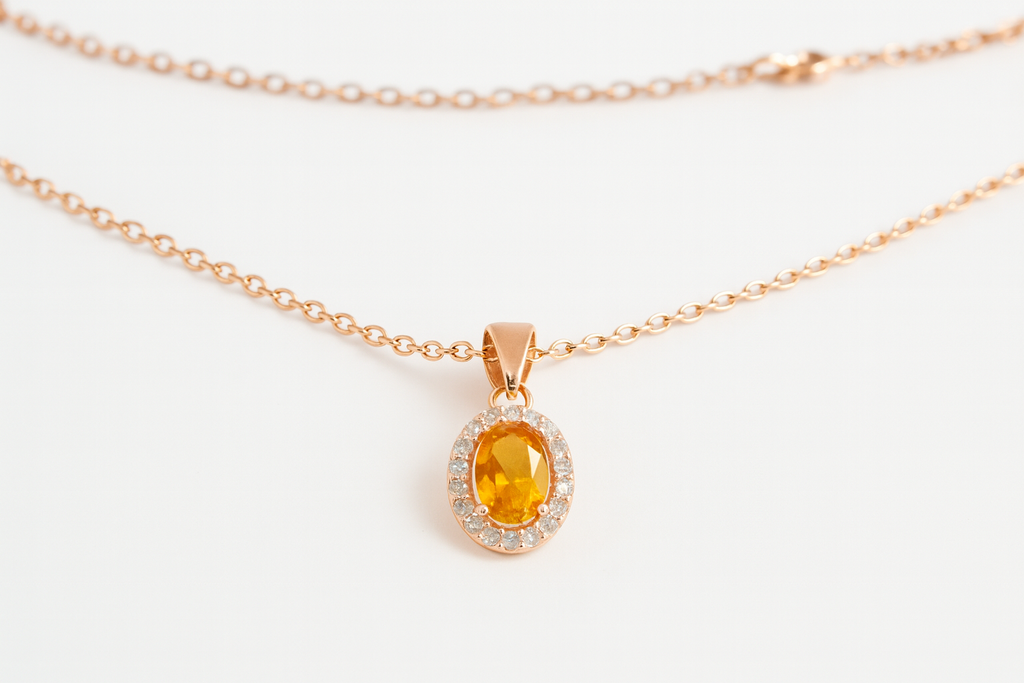 Orange CZ Solitaire Rose Gold Sterling Silver Necklace