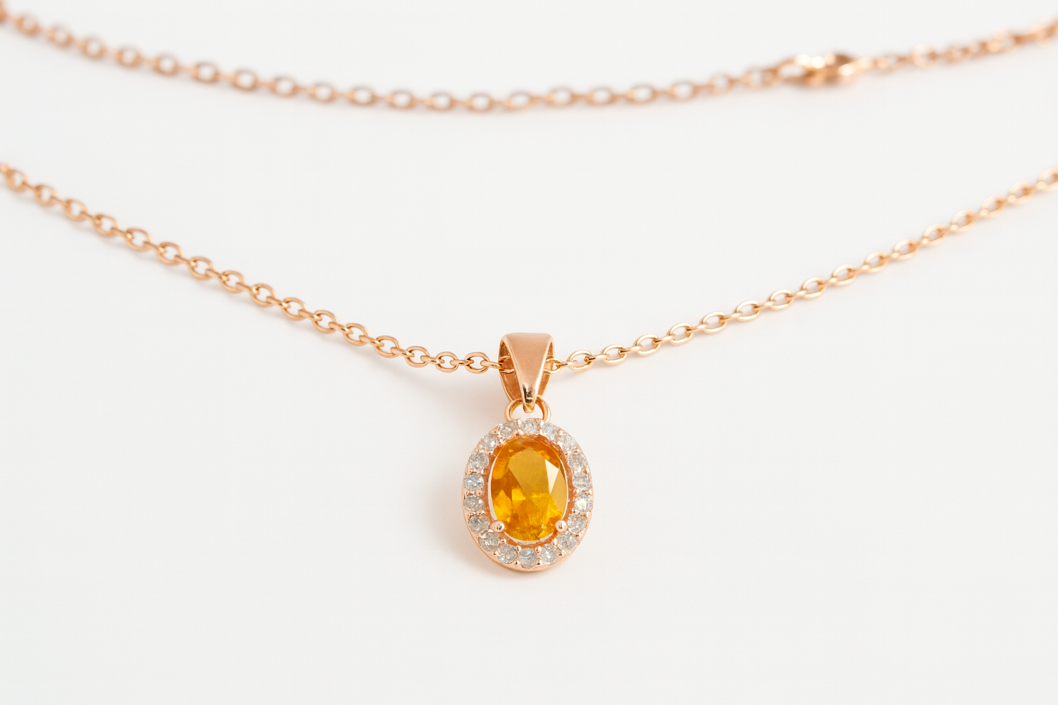 Orange CZ Solitaire Rose Gold Sterling Silver Necklace