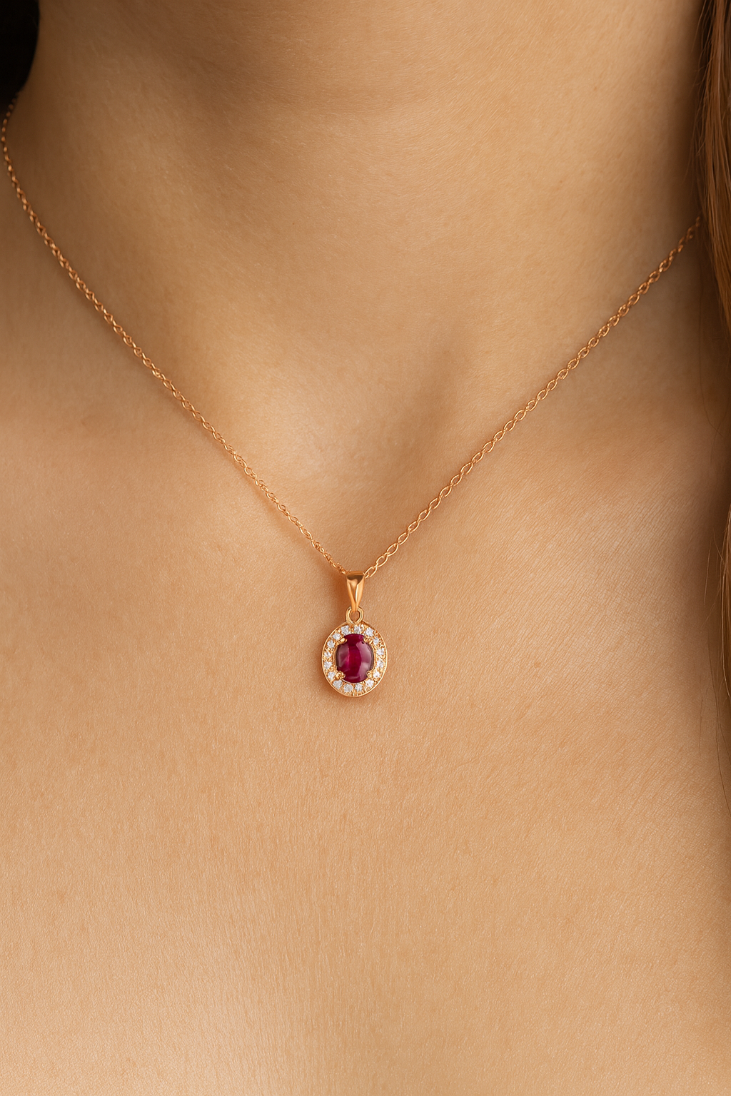 Red CZ Solitaire Rose Gold Sterling Silver Necklace