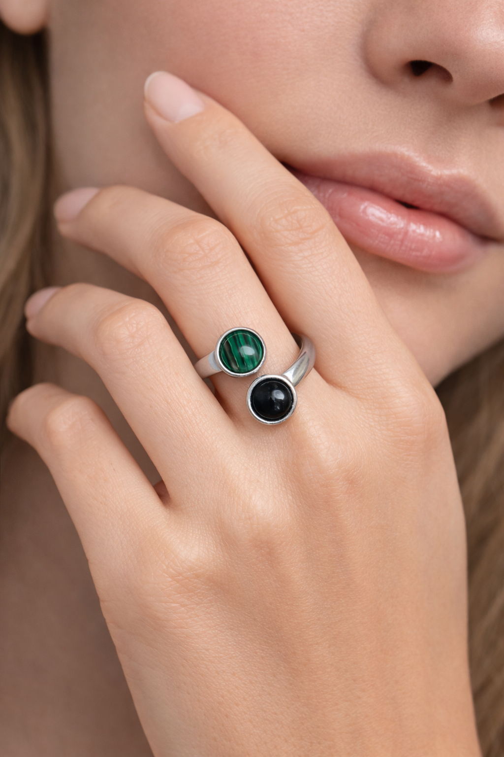 Black Onyx and Malachite Gemstones Stainless Steel Ring