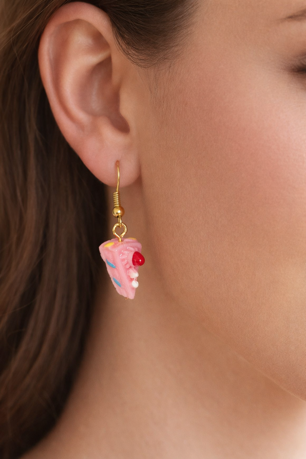 Golden Drop Earrings with Pink Cake Charms
