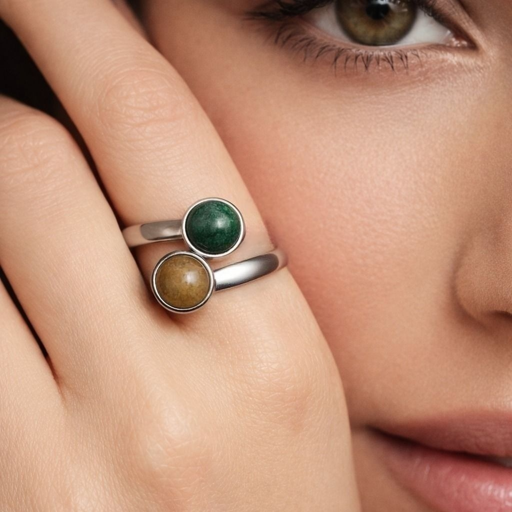 Green and Brown Gemstones Stainless Steel Ring