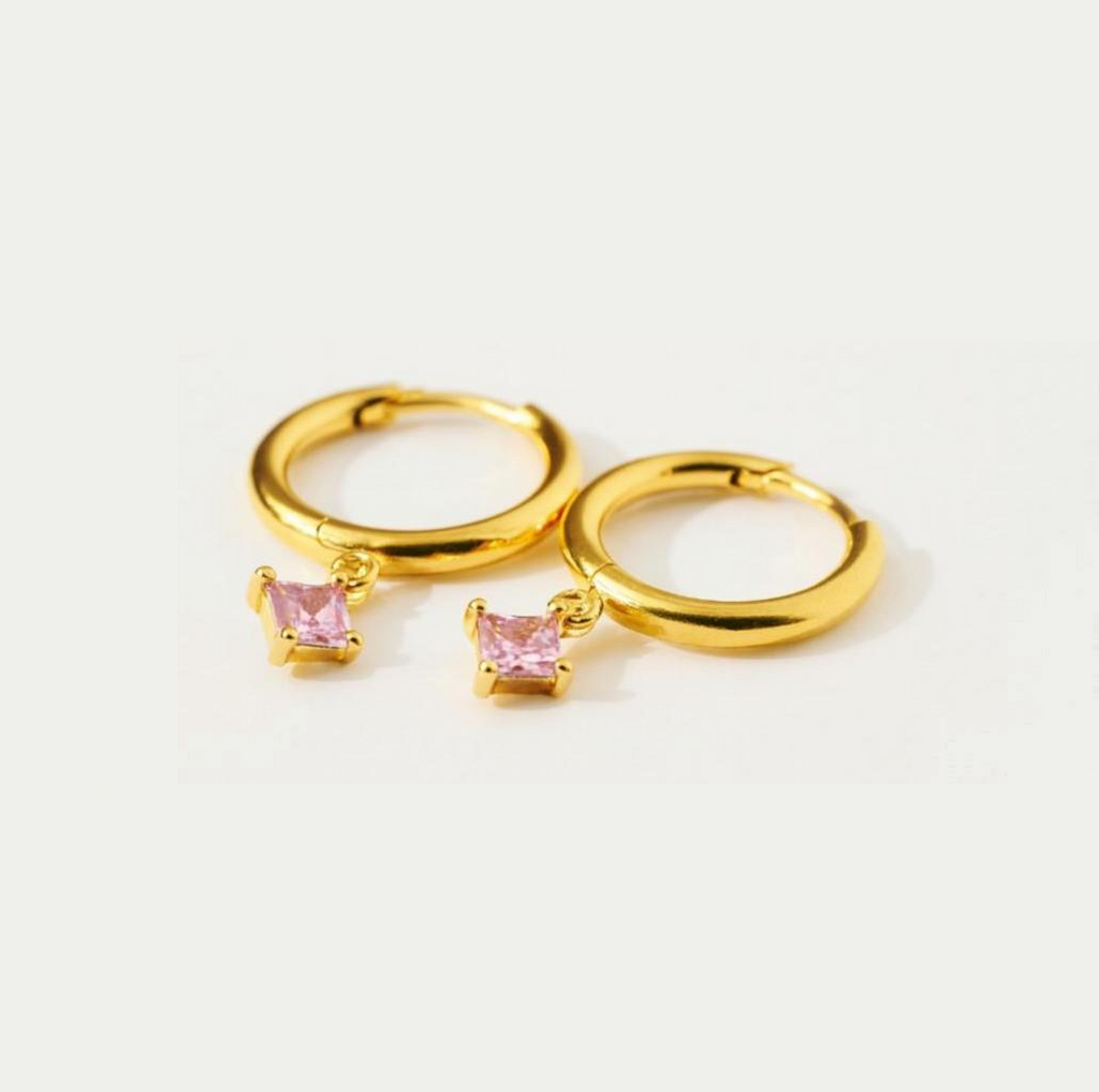 Gold Plated Hoop Earrings with Pink Cubic Zirconia